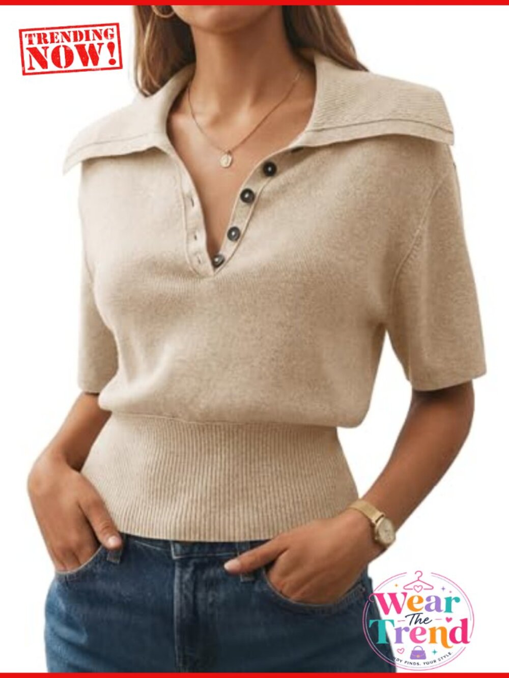 Polo Sweater Top Short Sleeve V Neck Collared Ribbed Hem Knit